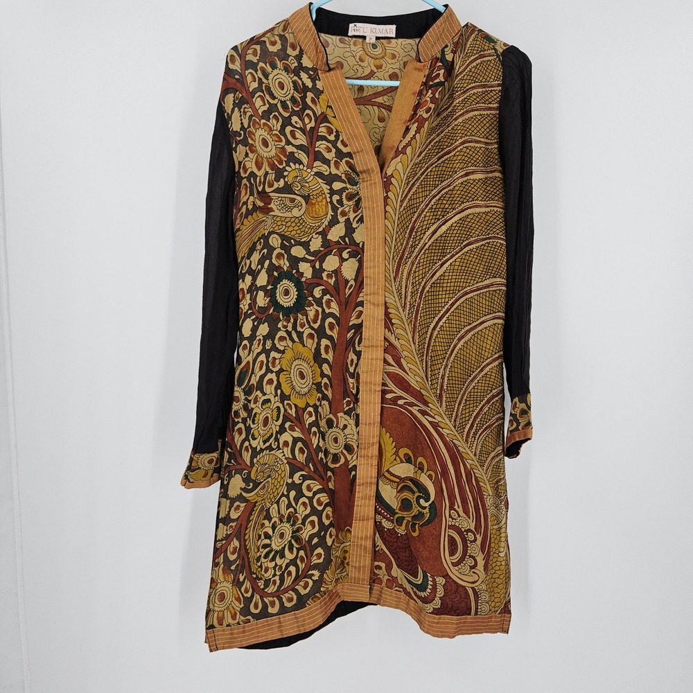 Ritu Kumar Silk Tunic Top Brown Paisley Floral Sheer Peacock India Boho Size M